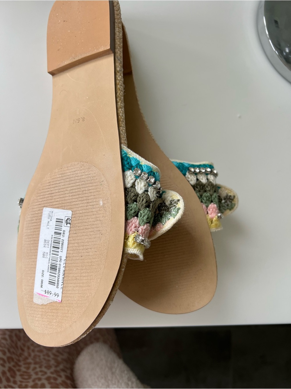 Steve Madden Beaded Crochet Knot Slide Sandals in Turquoise, Green & Pink - Picture 6 of 7